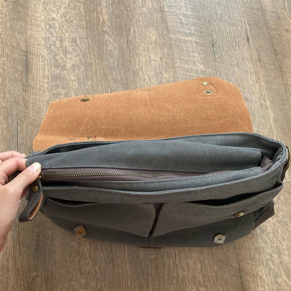 Buffalo Leather & Cotton Canvas Portfolio Business Briefcase Travel Bag - Picture 9 of 16